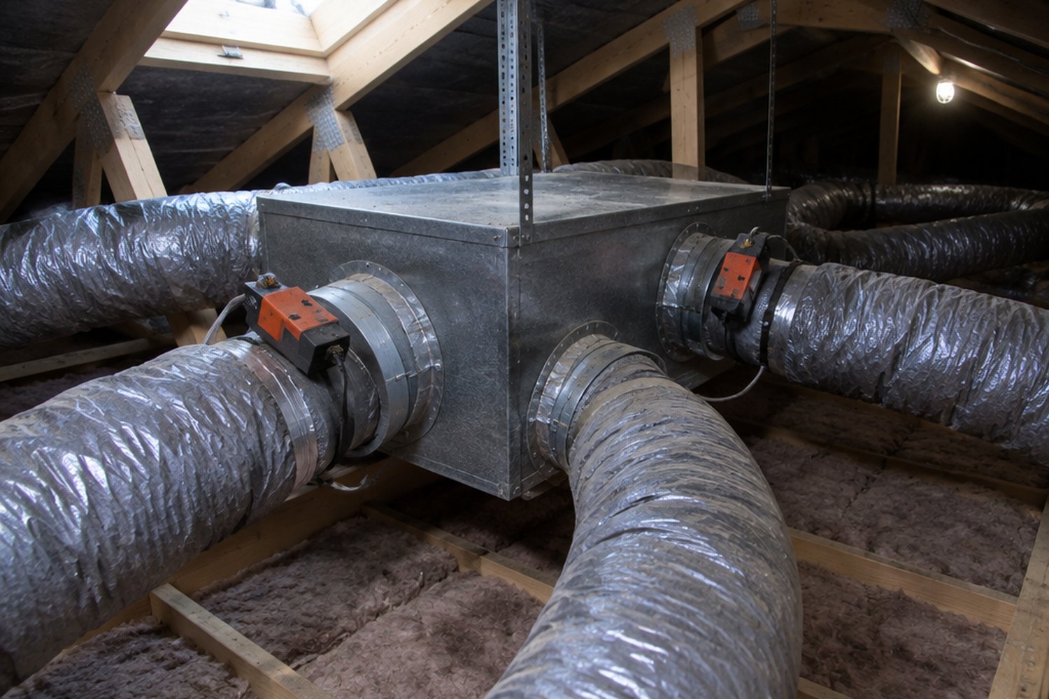 Ducted air conditioning plenum and flexible ductwork installed in a roof space