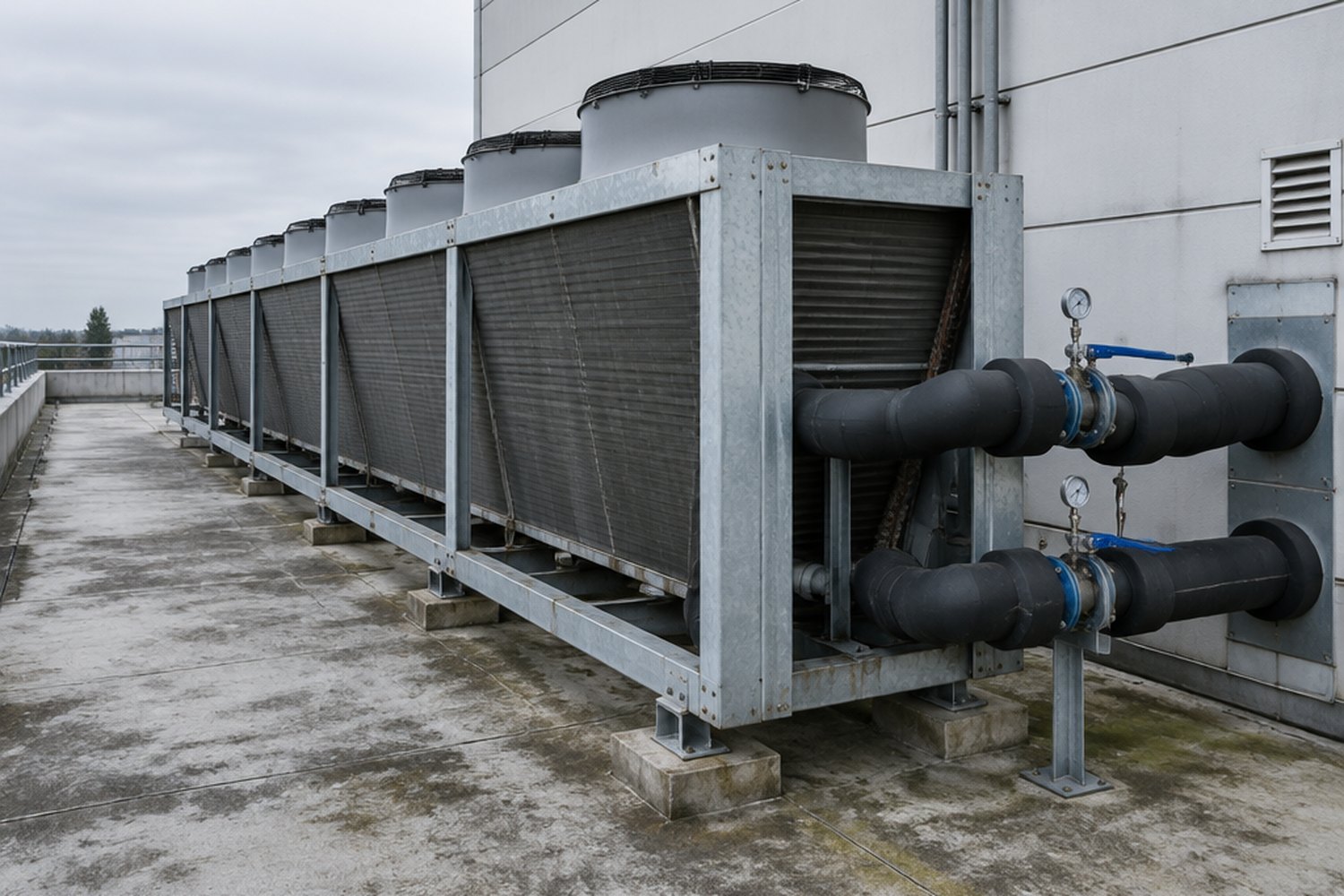Air cooled chiller with headers and isolation valves on a commercial roof