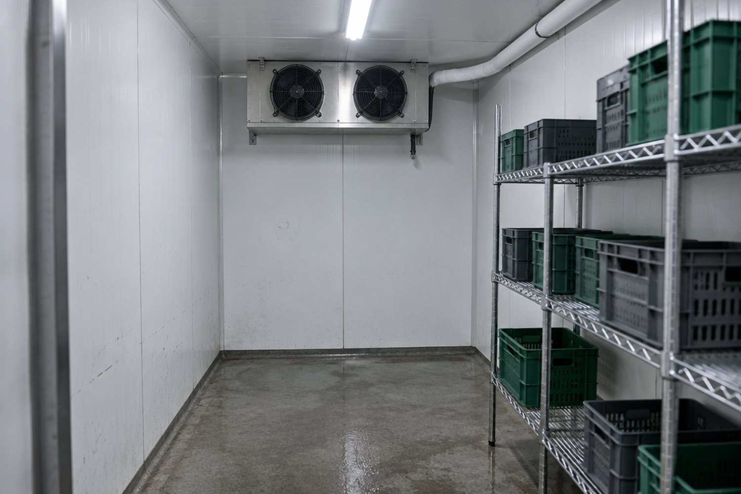 Commercial cool room interior with evaporators and stock shelving